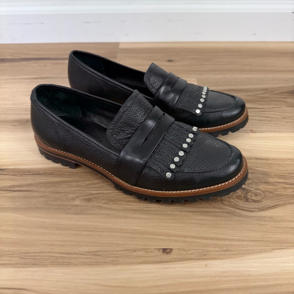 Bernardo Black Leather Loafers with Fringe and Studs